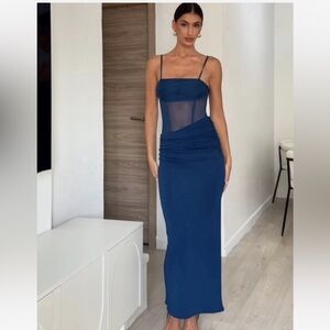 Zara Navy Blue Sheer Panel Maxi Dress